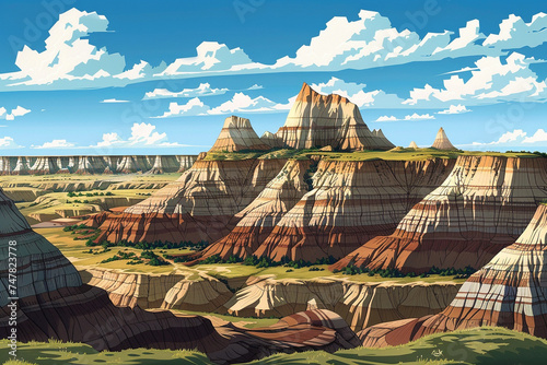Illustration of a vast badlands scene with layered rock formations photo