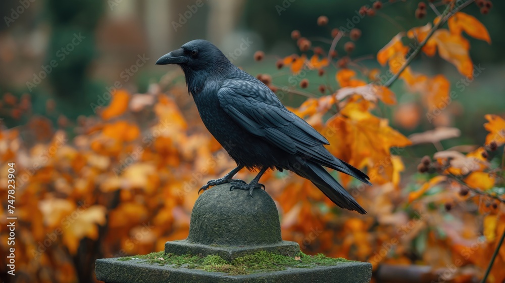 Fototapeta premium crow in the cemetery. Created with generative AI.