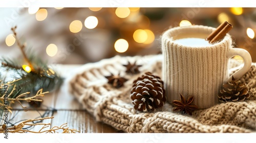 A cup of hot milk with cinnamon and anise on a cozy winter background. The cup is wrapped in a warm knitted sweater.