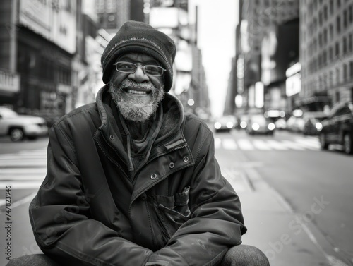 black and white photo of a poor American man living on the street, against the backdrop of American streets and American moisture. concept elections, people, humanity, poverty photo