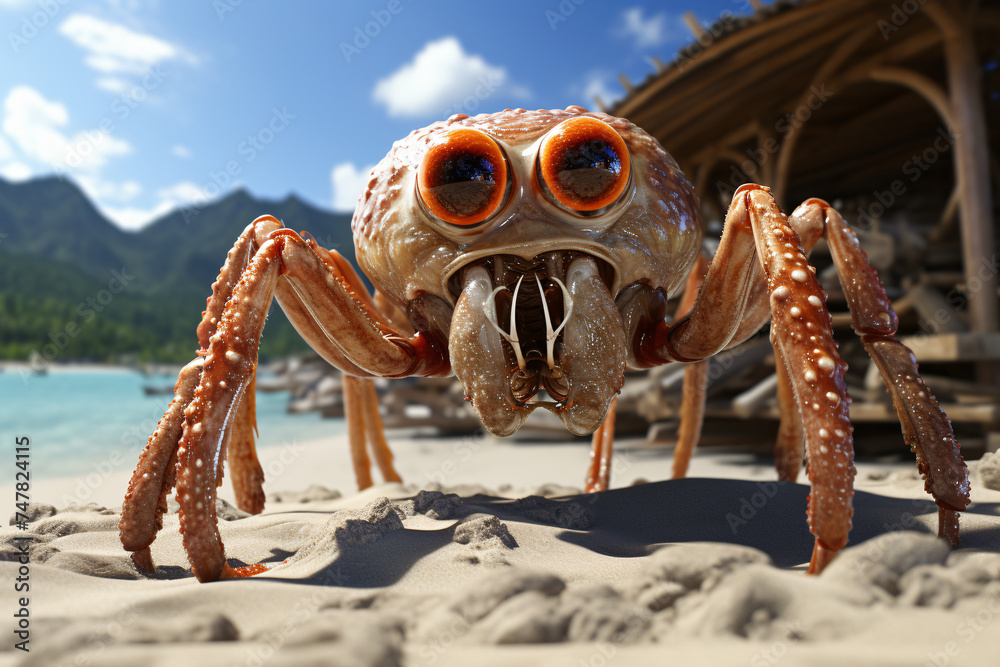 fantasy of a crab stranded on the beach - obrazy, fototapety, plakaty 