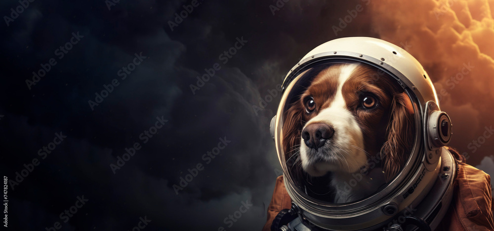 banner for Cosmonautics Day, a dog in a spacesuit on a dark background with space for text. Cosmonautics Day concept, animals, relocation, banner, poster, text - obrazy, fototapety, plakaty 