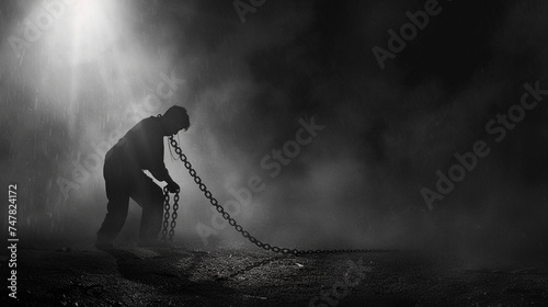 Moody image of a solitary figure striking a chain against the ground, evoking the struggle against invisible bonds photo