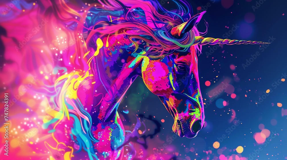 A beautiful unicorn with a long flowing mane and tail. The unicorn is surrounded by colorful smoke and stars.
