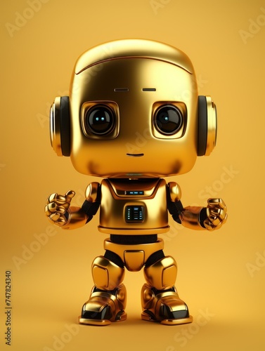 cute cartoon robot on a background of gold tones with place for text. future concept, robots, androids, gold color, text, small © Aksana