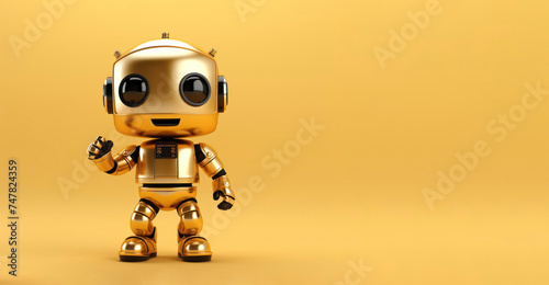 gold banner cute cartoon robot on orange background with place for text. technology concept, robots, androids, future, text, banner, poster