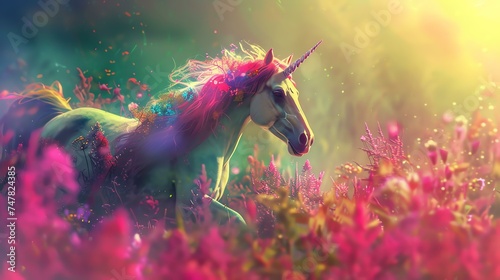 A beautiful unicorn with a long, flowing mane and tail stands in a field of flowers. The unicorn is white with a pink horn and hooves.