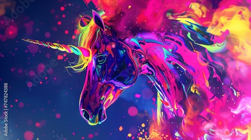 A beautiful unicorn with a long flowing mane and tail. The unicorn is surrounded by colorful smoke and has a glowing horn.