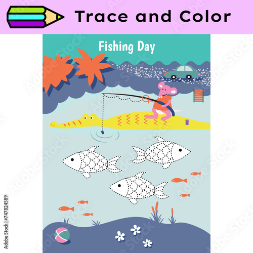 Pen tracing lines activity worksheet for children. Pencil control for kids practicing motoric skills. Fishing day educational printable worksheet. Vector illustration.