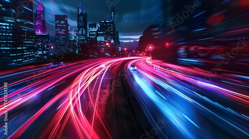Vehicle headlight streaks creating a motion blur effect on a metropolitan roadway at night. Road with colored lines and a long exposure effect.