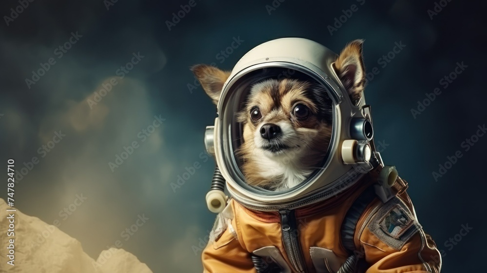 Φωτογραφία banner for Cosmonautics Day, Chihuahua dog in a spacesuit on a dark background with space for text