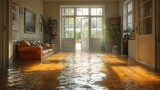 Flooded house with rooms full of water. Created with generative AI.