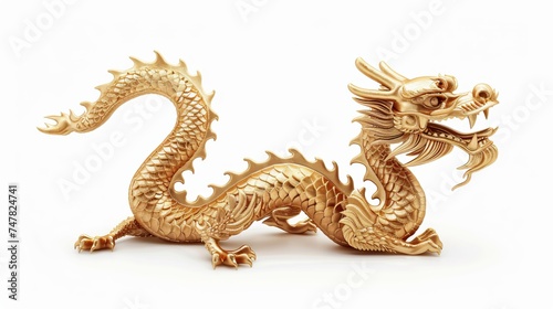Chinese golden dragon set apart on a white background. Isolated on white, the traditional Chinese dragon appears golden. © Suleyman