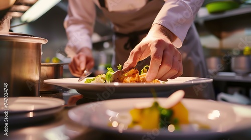 A chef carefully garnishes a plate of food in a restaurant kitchen.