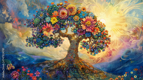 Surreal depiction of a mythical tree whose core blooms with flowers of unimaginable colors  radiating energy