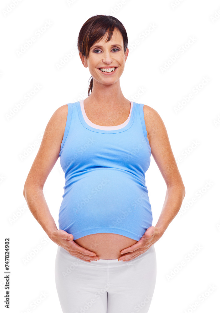 Portrait, pregnant or woman for belly, self care and fitness on mockup in studio on white background. Happy, healthy and female person for prenatal workout, maternity and wellness in pregnancy Portrait, pregnant or woman for belly, self care and fitness on mockup in studio on white background. Happy, healthy and female person for prenatal workout, maternity and wellness in pregnancy
