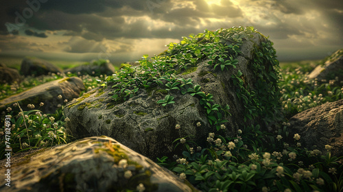 Surreal image of ancient stones covered in fresh sprouts, blending the old with the new in natures cycle