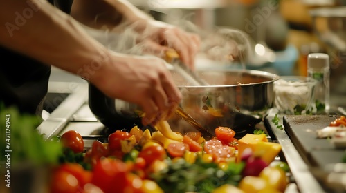 A chef is cooking. He is stirring a pot of vegetables. The vegetables are colorful and include tomatoes, peppers, and onions. photo
