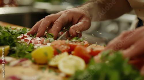 A chef is chopping parsley on a wooden cutting board. The chef's hand is holding the knife. The parsley is falling onto the cutting board.