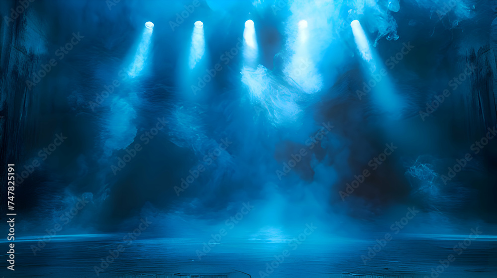 A Painting of a Stage With Blue Lights - obrazy, fototapety, plakaty 