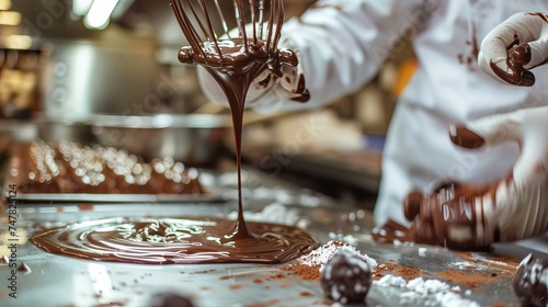 A baker or chocolatier making chocolate bonbons is seen below, whisking melted chocolate and drizzling it onto the counter.