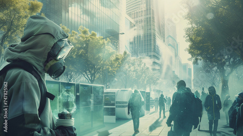 Vision of a future city grappling with toxic air, featuring citizens in protective gear against a backdrop of high-tech purifiers