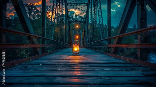 A glowing lantern sits on a wooden bridge at night, casting a warm glow on the surroundings.