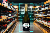 Composite photo of light blue scanning light scans qr-code on bottle of champagne on liquor store background. E-label standard for wine bottles labelling. 