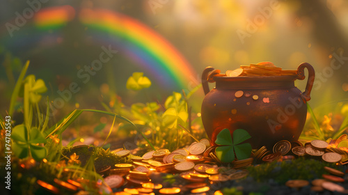 Pot of Gold Coins With Rainbow in Background