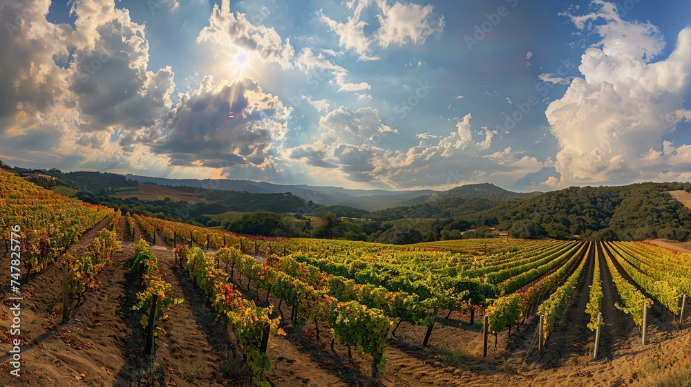Vineyards stretch to the horizon, the sun casting shadows over the rolling hills.