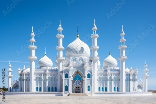 
An ornately decorated mosque standing proudly against the backdrop of a clear blue sky, ready to welcome worshippers for Eid al-Fitr prayers photo