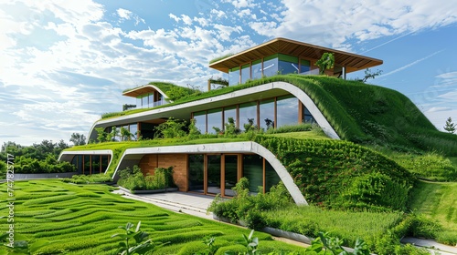 The image is of a modern, eco-friendly home with a green roof and walls. photo