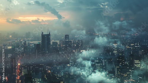 A stunning aerial view of a futuristic city at night. The city is shrouded in mist  which gives it an ethereal and mysterious feel.