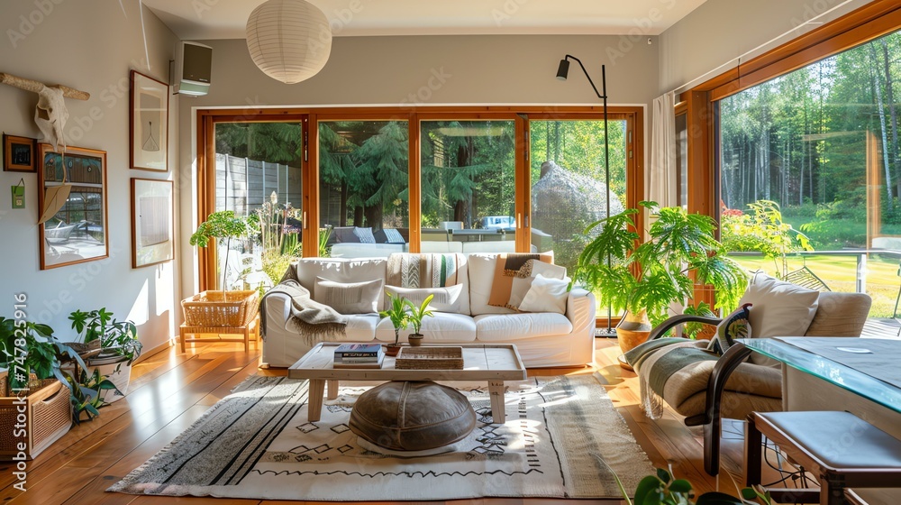 Bright and airy living room with a large windows, comfortable seating, and lots of plants.