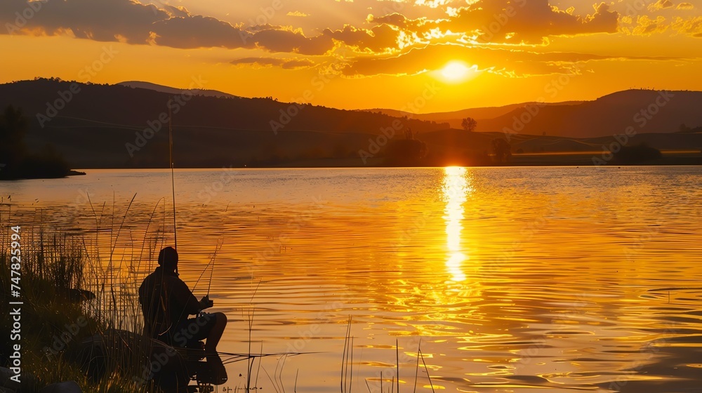 A fisherman sits on the edge of a lake at sunset. The sky is ablaze with color, and the water is like a mirror, reflecting the beauty of the sky.