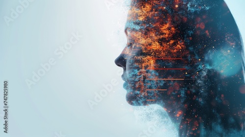 Double exposure abstract portrait, cosmic overlaid face silhouette


