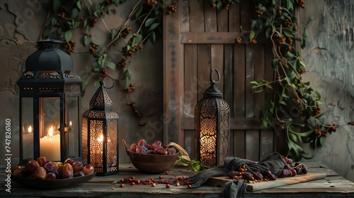 This is a beautiful image of a wooden table with a lantern and a bowl of dates on it. The lantern is made of metal and has a intricate design.