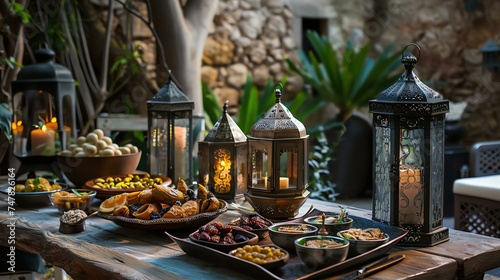 A beautiful table set with a variety of delicious food, including dates, olives, and nuts.