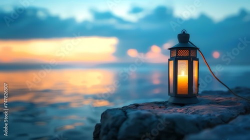 A beautiful lantern sits on a rock by the sea.