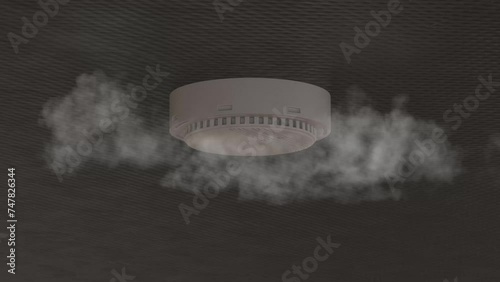 Smoke detector mounted on roof in apartment. 4k. 3d rendering (ID: 747826344)