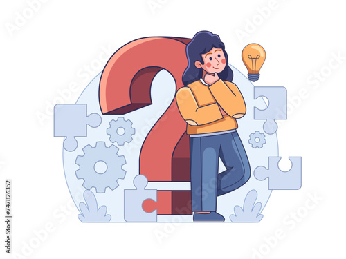 Illustration of a person leaning on a giant question mark with a look of confusion and wonder, pondering solutions and ideas. This symbolizes the process of problem-solving and creative thinking. 