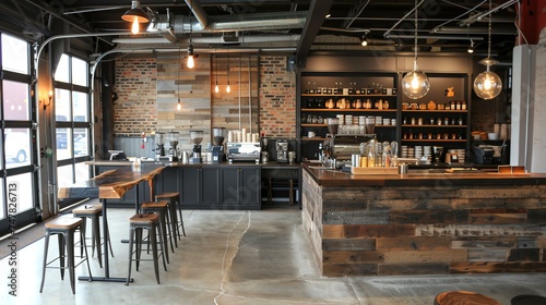 Rustic coffee shop interior with wood and brick accents. The space is decorated with Edison bulbs and vintage furniture. © Nijat