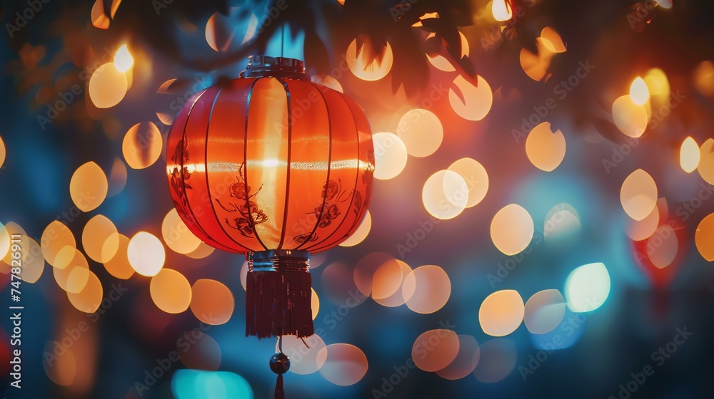 A red paper lantern with a glowing light inside hangs from a branch of a tree. The lantern is surrounded by out-of-focus lights. - obrazy, fototapety, plakaty 