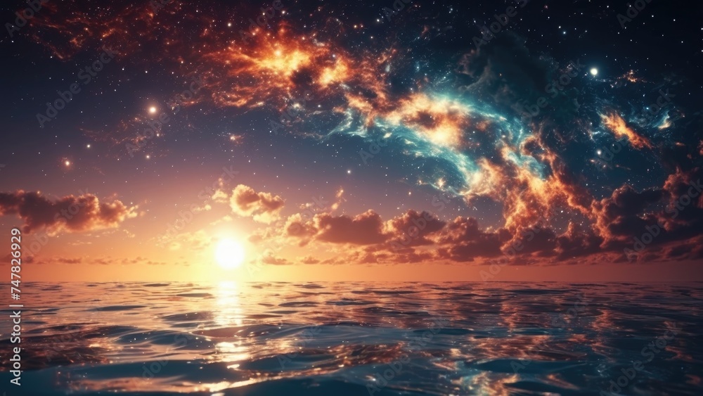 Beautiful sky appears between the sunset and the cosmic universe. Sea ...
