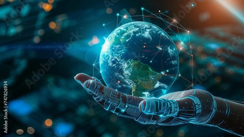 Hand holding Global network connection to big data around the world and digital transformation concept.