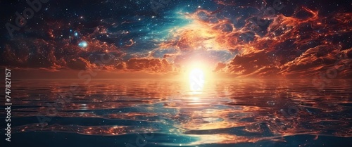Beautiful sky appears between the sunset and the cosmic universe. Sea reflection. Desktop Wallpaper photo