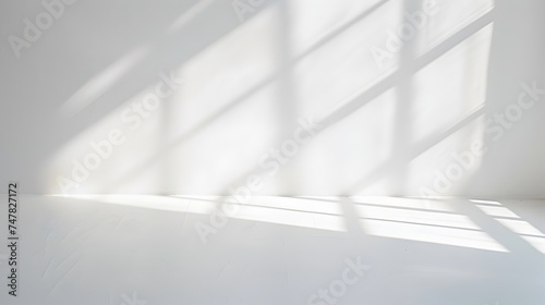 Overlay effect for photo and mockups. Organic drop diagonal shadow and rays of light from window on a cream wall.