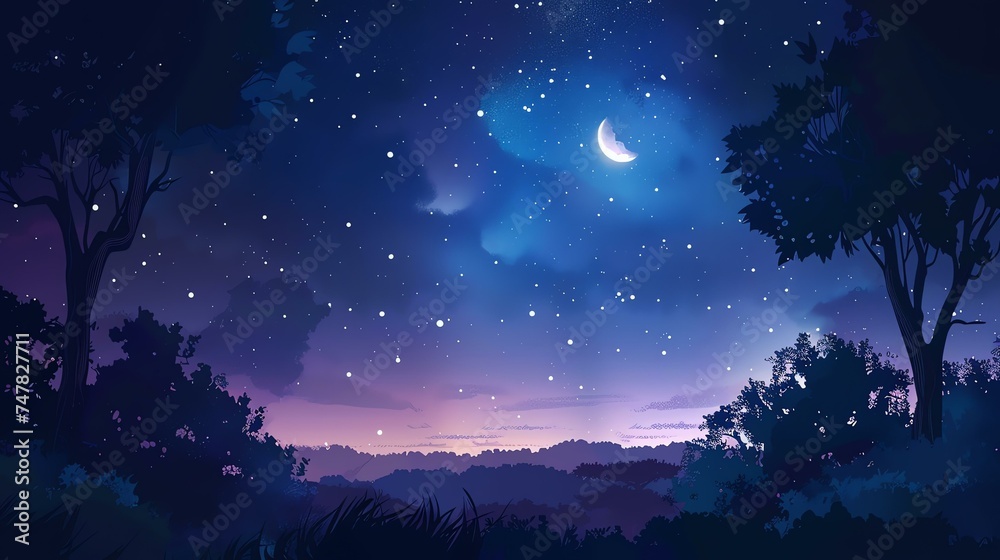 The night sky is full of stars, with a crescent moon providing a gentle light.