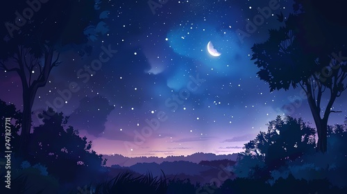 The night sky is full of stars, with a crescent moon providing a gentle light.