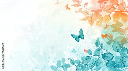 Delicate watercolor background with butterflies and leaves in pastel colors. Perfect for a spring or summer themed design. © Nijat